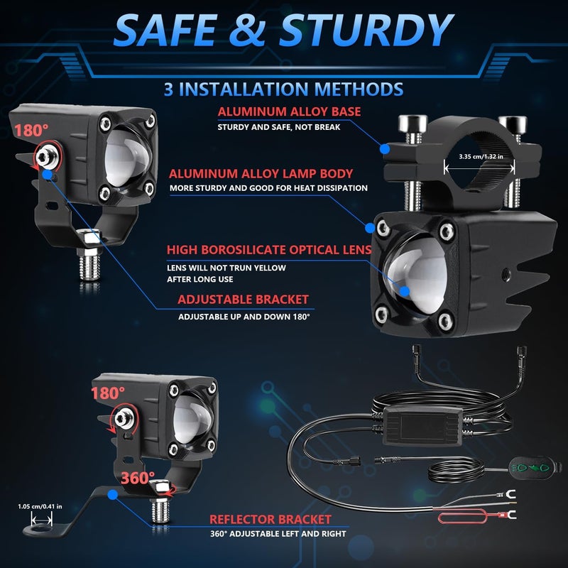 MONDEVIEW LED Motorcycle Auxiliary Light Kit, 5 Modes, Spot Driving Lights, Compatible with Tractor Truck ATV UTV SUV Boat, 2 PCS，Blue - Image 5